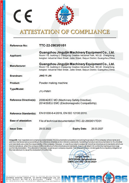Chiny Guangzhou Jingyijin Machinery Equipment Co., Ltd Certyfikaty